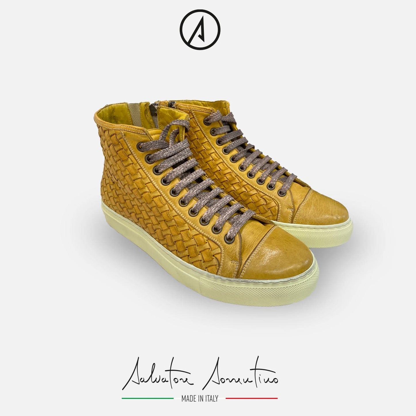 SNEAKER ALTA IN PELLE DI BUFALINA INTRECCIATA Limone π